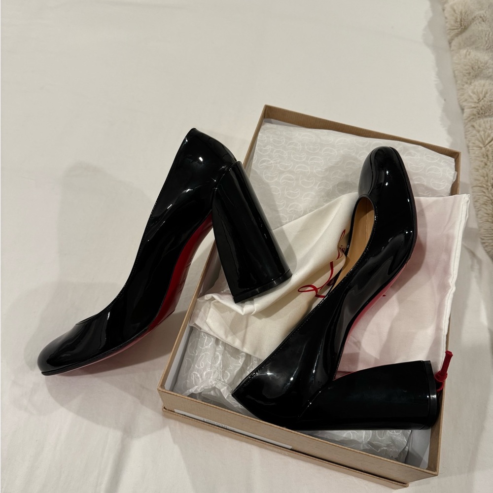 Christian Louboutin Miss Sab 85 Black Patent Block Heel Pumps